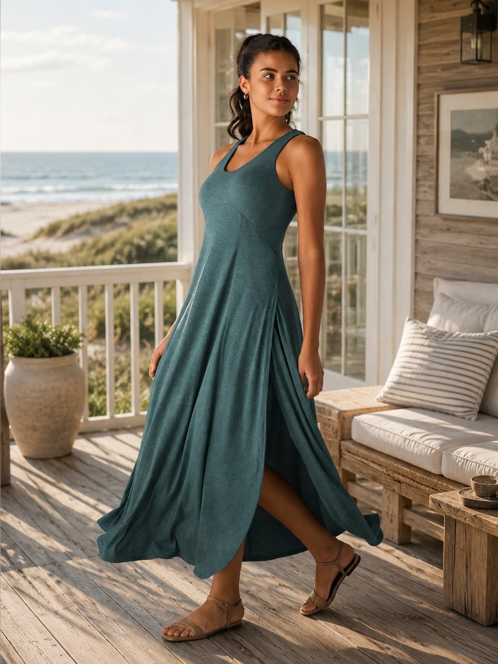 Halara Sleeveless Teal Maxi Dress with Side Slits